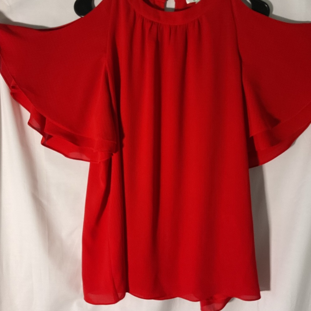JADE MELODY TAM ORANGE RUFFLE SLEEVE BLOUSE LARGE COLD SHOULDER TOP